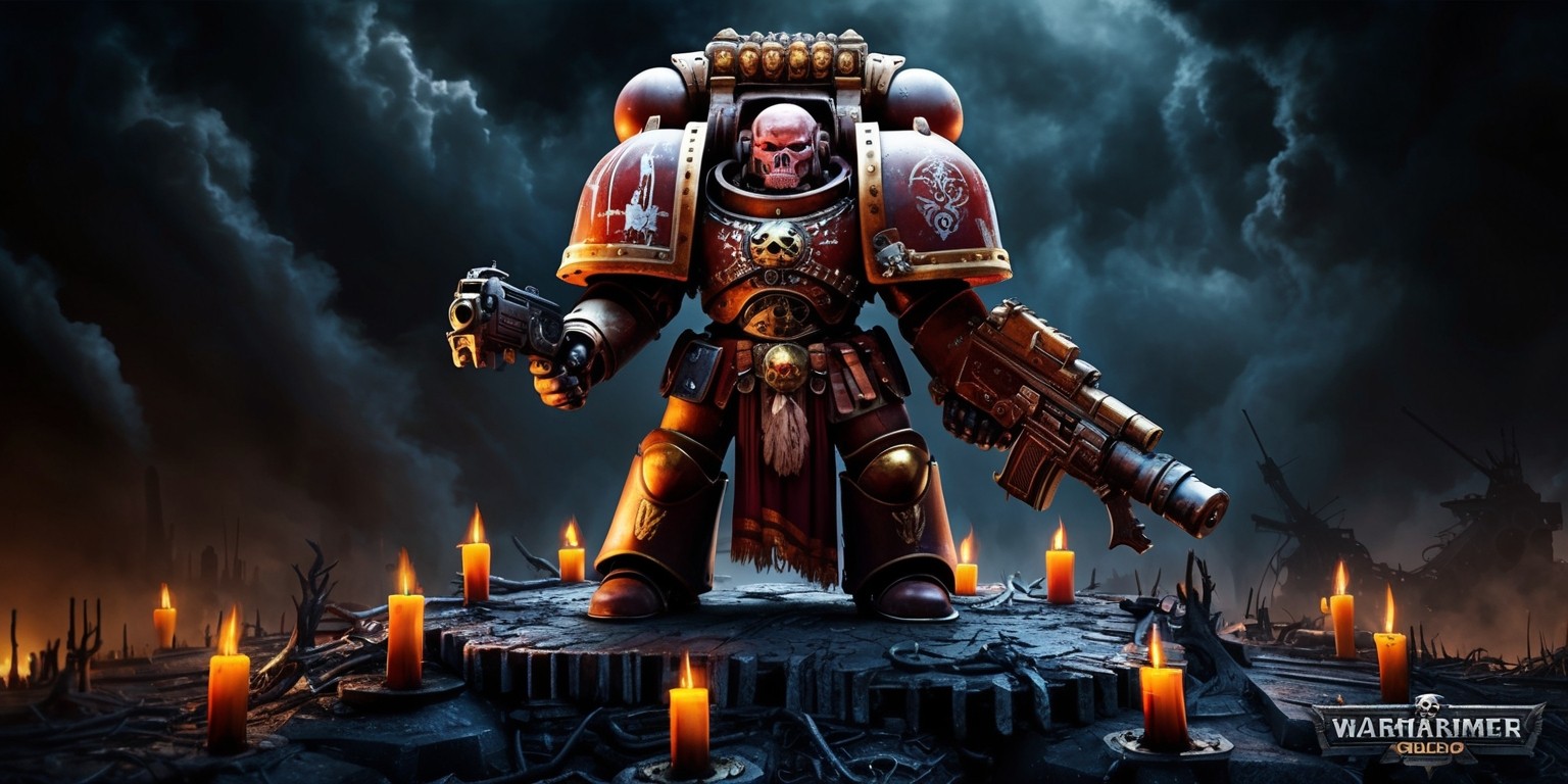 A majestic, menacing, and heavily armored Space Marine from the Warhammer 40,000 universe, standing atop a desolate, battle-scarred terrain, surrounded by ominous, dark clouds and eerie, flickering candles, with a massive, ornate bolter slung over his shoulder and a fiery, determined gaze, set against a dark, foreboding background that hints at the grim darkness of the far future, with intricate, detailed armor plating adorned with symbols of the Imperium and the Chapter iconography, showcasing the iconic Space Marine design, with a gritty, realistic, high-contrast aesthetic, reminiscent of a grim, gothic, sci-fi horror, and a hint of gold and bronze accents shining through the darkness.