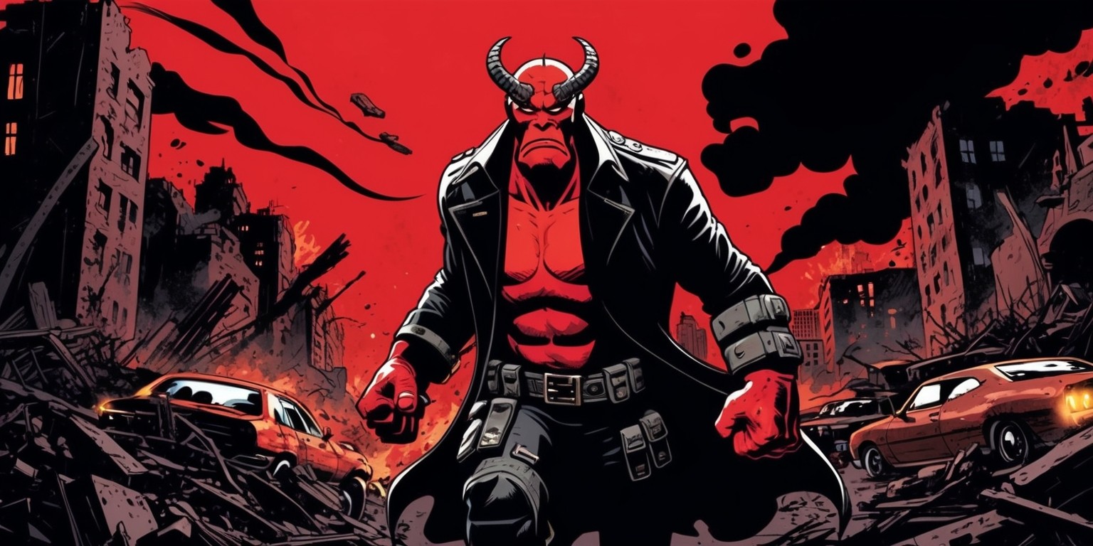 A dark, gritty, and action-packed illustration of Hellboy, the demonic superhero, standing heroically in the midst of a fiery, apocalyptic cityscape, with crumbling buildings and debris scattered all around, set against a bold, blood-red sky, with the character's iconic stone-right hand prominently displayed, featuring his bright red skin, sharp horns, and determined facial expression, with a few wisps of smoke and ash swirling around his imposing figure, dressed in his signature black trench coat and belt, with a subtle hint of his pentacle-shaped scar on his right hand, against a backdrop of flaming cars and destroyed urban landscape, capturing the essence of Mike Mignola's comic book style, with bold lines, vibrant colors, and a sense of intense energy and power.