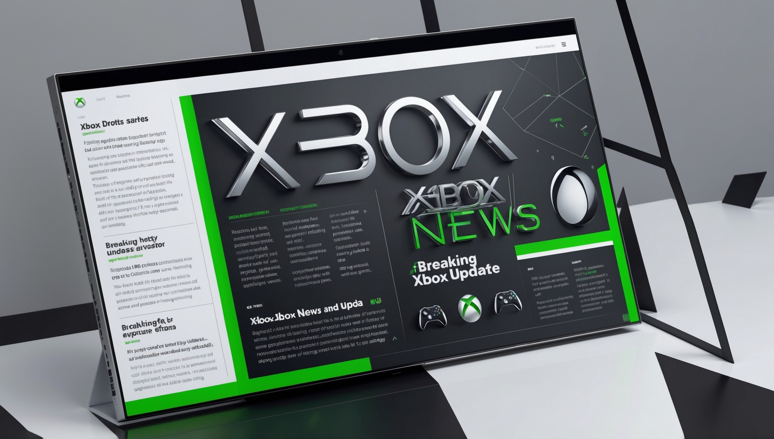 A modern, sleek digital news article displayed on a high-resolution screen, with a bold and vibrant color scheme dominated by Xbox's signature green and black hues, set against a clean white or dark grey background to evoke a sense of technology and sophistication, featuring a mix of clear, concise headings and brief summaries in a stylish, sans-serif font, with a prominent, eye-catching title that reads 