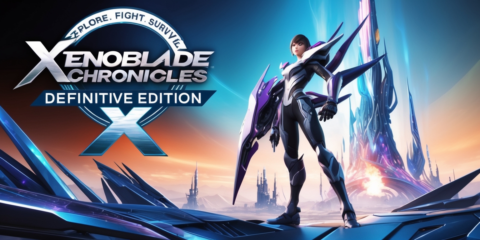 A futuristic, high-definition illustration of the Xenoblade Chronicles X: Definitive Edition game, featuring a vibrant, celestial blue and orange color scheme, with sharp, geometric lines and intricate details. In the foreground, a heroic protagonist, Lin, stands proudly with their sleek, silver, and purple mecha, Skell, posed heroically against a stunning, alien landscape with towering, iridescent spires and a glowing, ethereal atmosphere. The game's logo, emblazoned in bold, metallic font with the tagline Explore. Fight. Survive. arcs above Lin's head, radiating a sense of adventure and danger. The entire scene is set against a subtle, gradient background that shifts from deep blues to warm oranges, evoking a sense of depth and wonder.