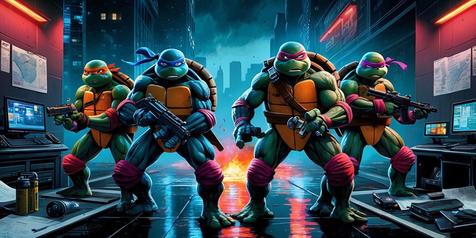 A gritty, action-packed illustration of the Teenage Mutant Ninja Turtles in a tactical scenario, set against a dark, urban cityscape at dusk, with neon lights reflecting off the wet pavement. The four brothers, Leonardo, Michelangelo, Donatello, and Raphael, are depicted in various states of combat readiness, armed with their signature ninja gear and high-tech gadgets. They are positioned around a central hotspot, surrounded by tactical maps, blueprints, and computer screens displaying real-time surveillance footage. The Turtles' facial features are stern, focused, and determined, with subtle hints of fatigue and sweat, conveying the intensity of their mission. The color palette is muted, with shades of dark blues, greys, and greens, accented by flashes of bright, neon hues from the city lights. The overall style is a fusion of comic book-inspired artwork and gritty, real-world military aesthetics, with bold lines, sharp angles, and a sense of dynamic movement.