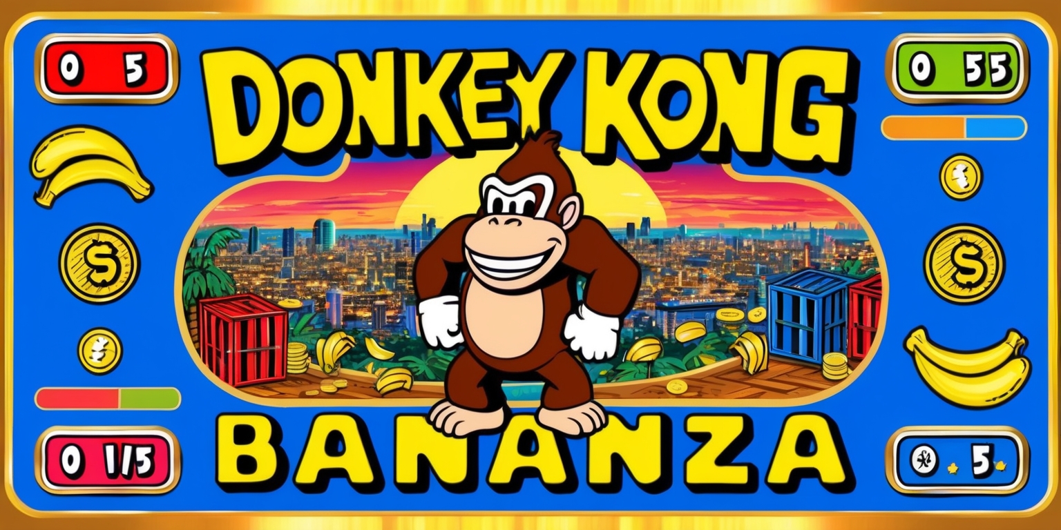A vibrant illustration of Donkey Kong Bananza, a whimsical arcade game, set against a bright blue background with golden accents, showcasing the titular character Donkey Kong, a giant ape with a charismatic smile, standing in front of a sprawling cityscape at sunset, with crates and bananas strewn about, surrounded by colorful arcade elements such as score counters, power-ups, and coin icons, with bold, rounded fonts and bright, poppy colors, evoking a sense of fun and playfulness, capturing the essence of a classic video game from the 80s.