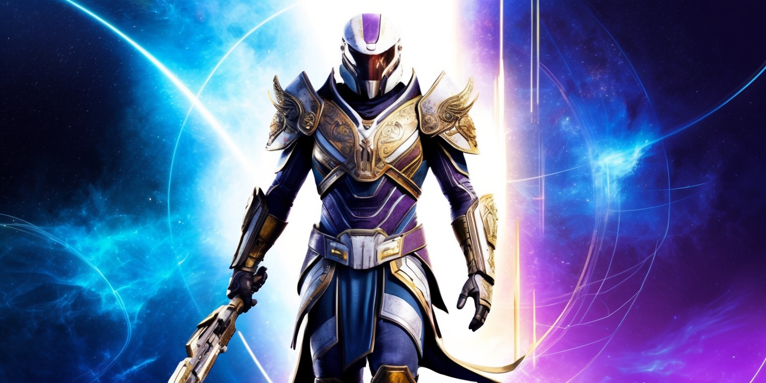 A futuristic, high-energy illustration of a Guardian, the iconic protagonist from the popular video game Destiny 2, set against a cosmic, celestial background with vibrant shades of electric blue, purple, and gold, evoking a sense of epic adventure and heroic grandeur. The Guardian, clad in ornate, ornamental armor with intricate details and subtle metallic sheen, stands proudly with their iconic weapon at the ready, exuding confidence and determination. In the background, a subtle, misty aura of light suggests the presence of the Traveler, an ancient, powerful entity in the Destiny universe. The overall aesthetic is a mix of sci-fi and fantasy elements, with bold, dynamic lines and subtle, atmospheric lighting that highlights the Guardian's powerful stance and heroic pose, capturing the essence of Destiny 2's fast-paced, action-packed gameplay.