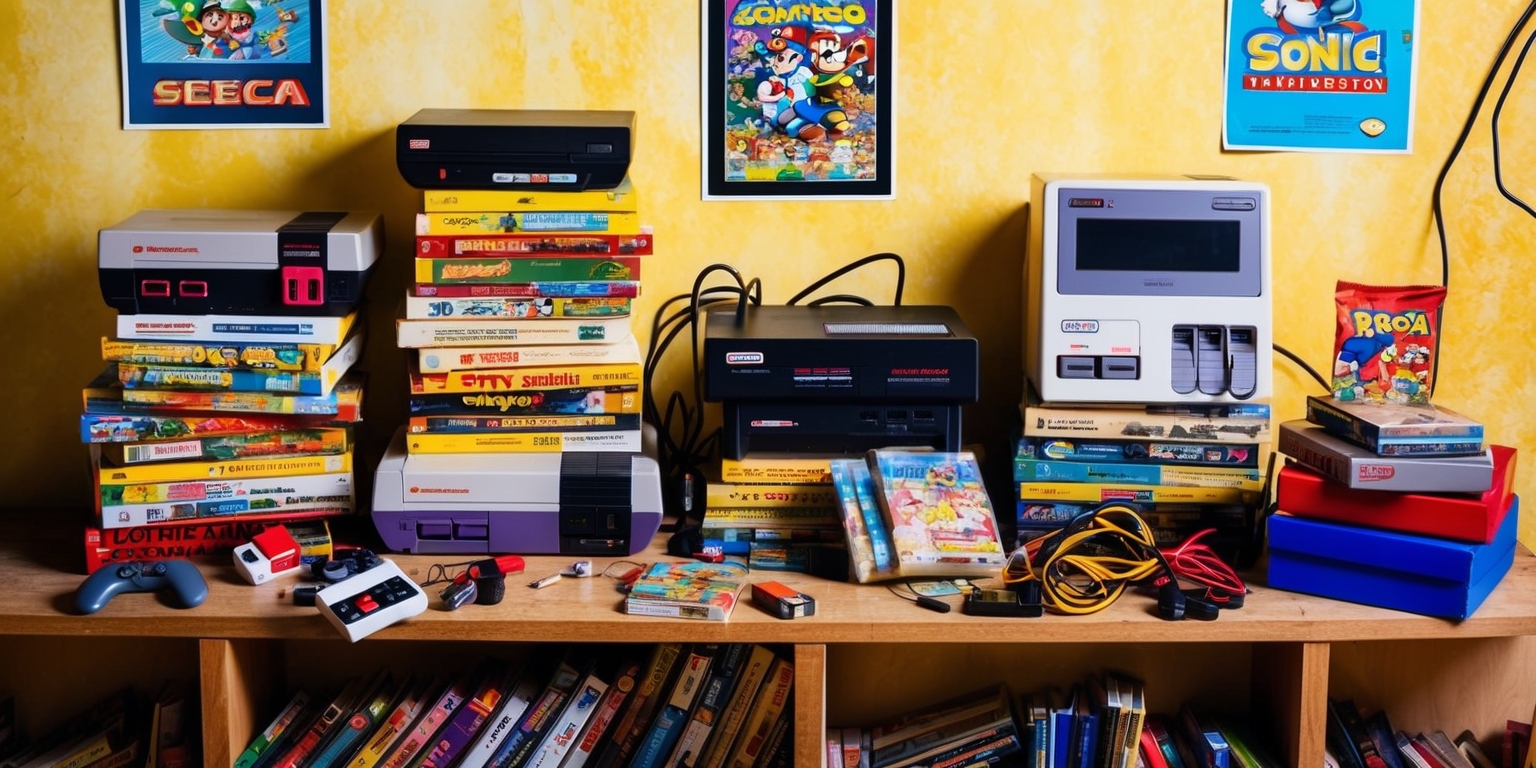 A vibrant and cluttered retro games collection scattered across a wooden shelf, with iconic consoles and colorful game cartridges spilling out of stacked boxes, alongside nostalgic posters and retro-themed snacks, featuring a sleek original NES console with a worn-out Super Mario Bros. cartridge inserted, a vintage Sega Genesis with a Sonic the Hedgehog game case nearby, and a dusty Nintendo 64 console peeking out from beneath a pile of old GameCube games, with a few scattered controllers, wires, and game manuals adding to the chaos, all set against a warm, faded yellow backdrop that evokes a sense of nostalgia and retro gaming nostalgia.