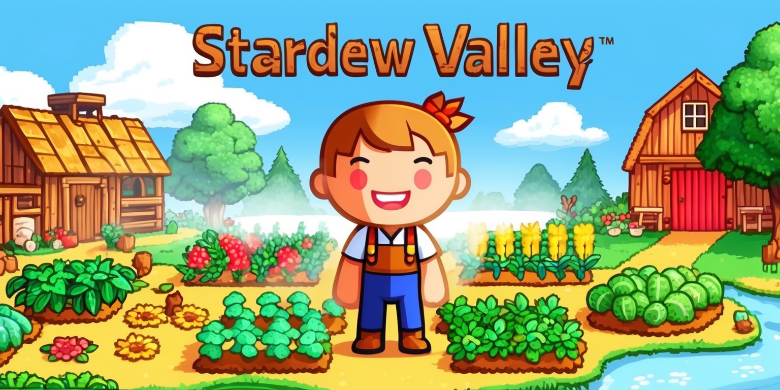 A serene and vibrant illustration of Stardew Valley, featuring the game's protagonist, a young farmer with a bright smile and rosy cheeks, standing in the center of their lush and thriving farm, surrounded by various crops, flowers, and trees, with the warm sunlight casting a gentle glow on the entire scene, a hint of mist rising from the nearby river, and the iconic Stardew Valley farmhouse in the background, with its rustic wooden walls and a bright red door, all set against a clear blue sky with a few puffy white clouds, with a mix of realistic and whimsical elements, reminiscent of the game's charming pixel art style, with earthy tones, including shades of green, brown, and beige, and pops of bright colors, such as red, yellow, and blue.