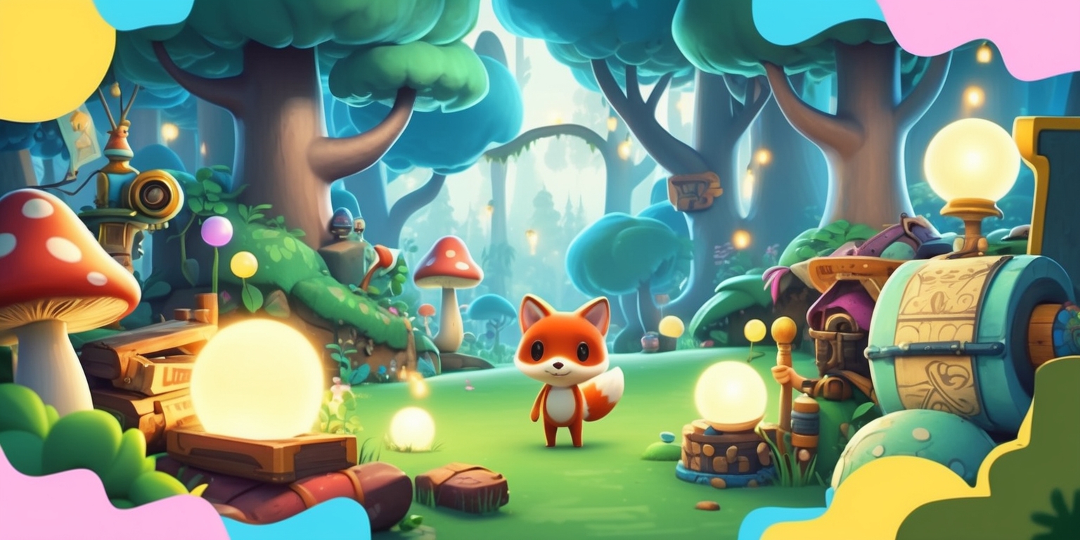 A whimsical, vibrant illustration of a fantastical world inspired by Nintendo's signature art style, featuring a mix of 2D and 3D elements, reminiscent of indie games. The scenery is set in a lush, dreamy forest with towering trees, glowing mushrooms, and twinkling fireflies. A small, cute protagonist, possibly a fox or raccoon, stands in the center, surrounded by items and artifacts such as glowing orbs, ancient tomes, and peculiar contraptions. The character's facial features are endearing, with large eyes, a small nose, and a gentle smile. The color palette is a blend of pastel hues, including soft blues, greens, and yellows, with bold, vibrant accents. The overall aesthetic is nostalgic, evoking a sense of wonder and curiosity, inviting the viewer to explore this enchanted realm. The composition is playful, with elements overlapping and blending together seamlessly, creating a sense of movement and energy.