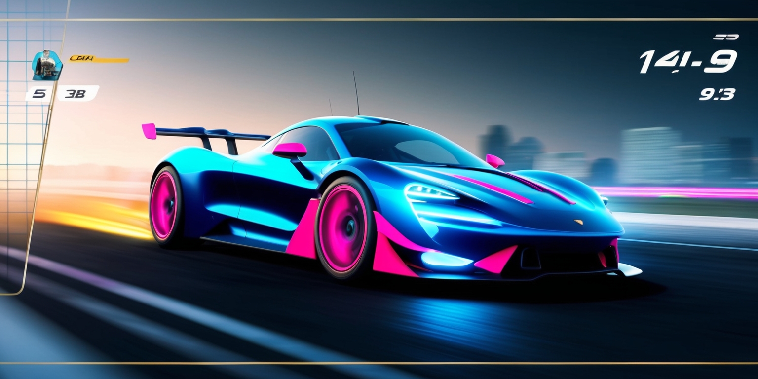 A futuristic, high-speed racing game screenshot depicting a sleek, neon-lit sports car zooming past blurred, cityscape backgrounds, with vibrant, electric blue and hot pink accents on the car's body and wheels, set against a dark, gradient blue sky with subtle, wispy clouds, the car's headlights casting a warm, golden glow on the asphalt track, with a minimalist, modern UI overlay showcasing the driver's profile, lap times, and speedometer, in a clean, sans-serif font, with a dynamic, kinetic layout that conveys a sense of speed and energy, framed by a thin, metallic border with a subtle, grid pattern.