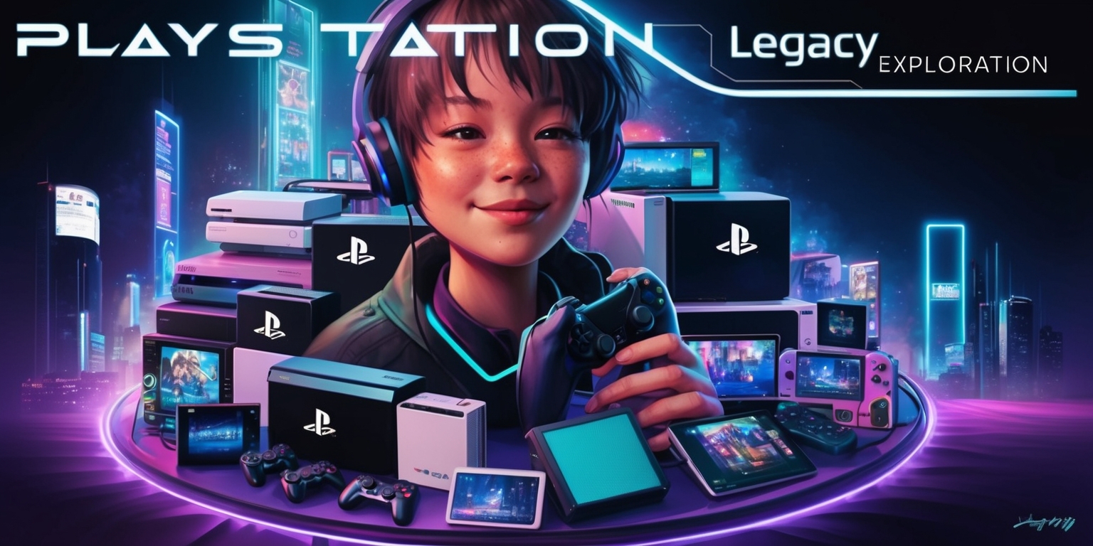 A nostalgic and futuristic illustration of a person, likely a gamer, surrounded by a collage of iconic PlayStation consoles, controllers, and games from different eras, with a dreamy, neon-lit cityscape in the background, blending retro and modern elements, with a predominance of dark blues and purples, accentuated by bright neon lights, conveying a sense of exploration and nostalgia, the person's facial features are soft and introspective, with a subtle smile, skin tone is a warm beige, hair is short and messy, wearing a sleek, high-tech headset and holding a DualShock controller, the cityscape includes subtle hints of Tokyo's neon lights, with sleek skyscrapers and holographic advertisements, the overall mood is mesmerizing and thought-provoking, with a sense of curiosity and adventure, the title PlayStation Legacy Exploration is written in bold, futuristic font, with a metallic sheen, across the top of the image, in a curved line, following the contours of the cityscape.