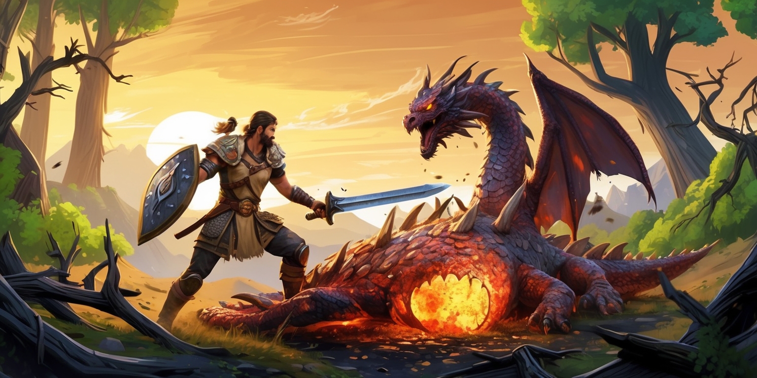 A vivid, action-packed illustration of a fantastical world inspired by the Monster Hunter Wilds game, set against a warm, golden sunset sky with majestic, towering trees and lush green foliage in the background, featuring a heroic hunter, adorned in worn, earth-toned armor with intricate, mythical designs, holding a mighty sword and shield, standing victorious beside the carcass of a massive, fire-breathing dragon-like creature, with glowing, embers-like eyes, surrounded by scattered, shimmering scales and broken tree branches, evoking a sense of adventure, bravery, and triumph, with bold, dynamic brushstrokes and vibrant, earthy colors.