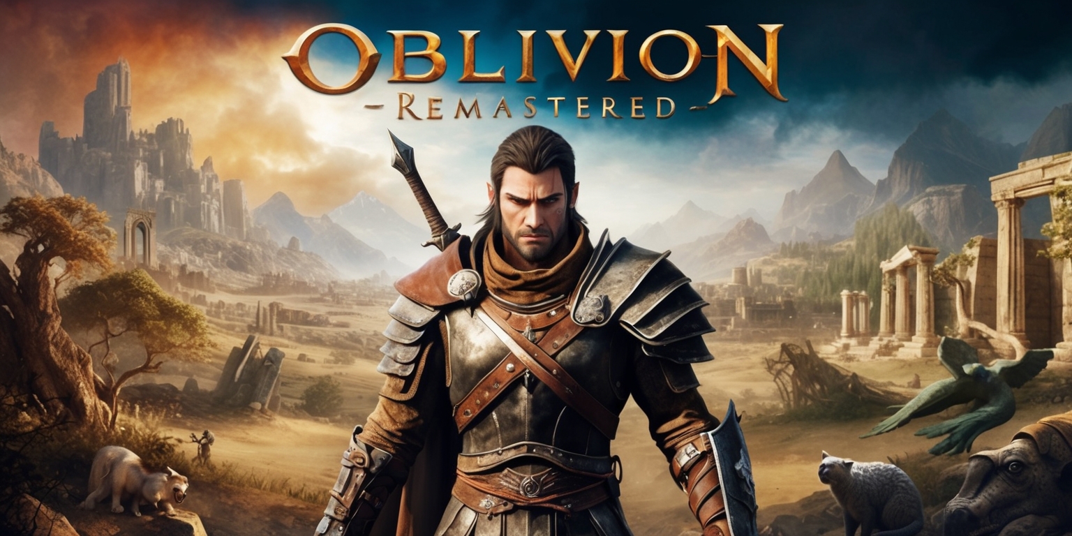A highly detailed, cinematic poster for the Oblivion Remastered game, featuring a heroic figure with a determined expression, strong facial features, and a mix of leather and steel armor, set against a backdrop of a sprawling, ancient fantasy world with ruins, mountains, and a vibrant, ominous sky, the color palette is rich and diverse with shades of brown, beige, grey, and blue, the style is reminiscent of a classical oil painting with subtle texture and depth, the layout is balanced with the main character at the center, surrounded by mystical creatures, ancient trees, and forgotten structures, the title of the game Oblivion Remastered is emblazoned in bold, golden font at the top of the poster, with the tagline written in a curved line above it in a elegant, cursive script.