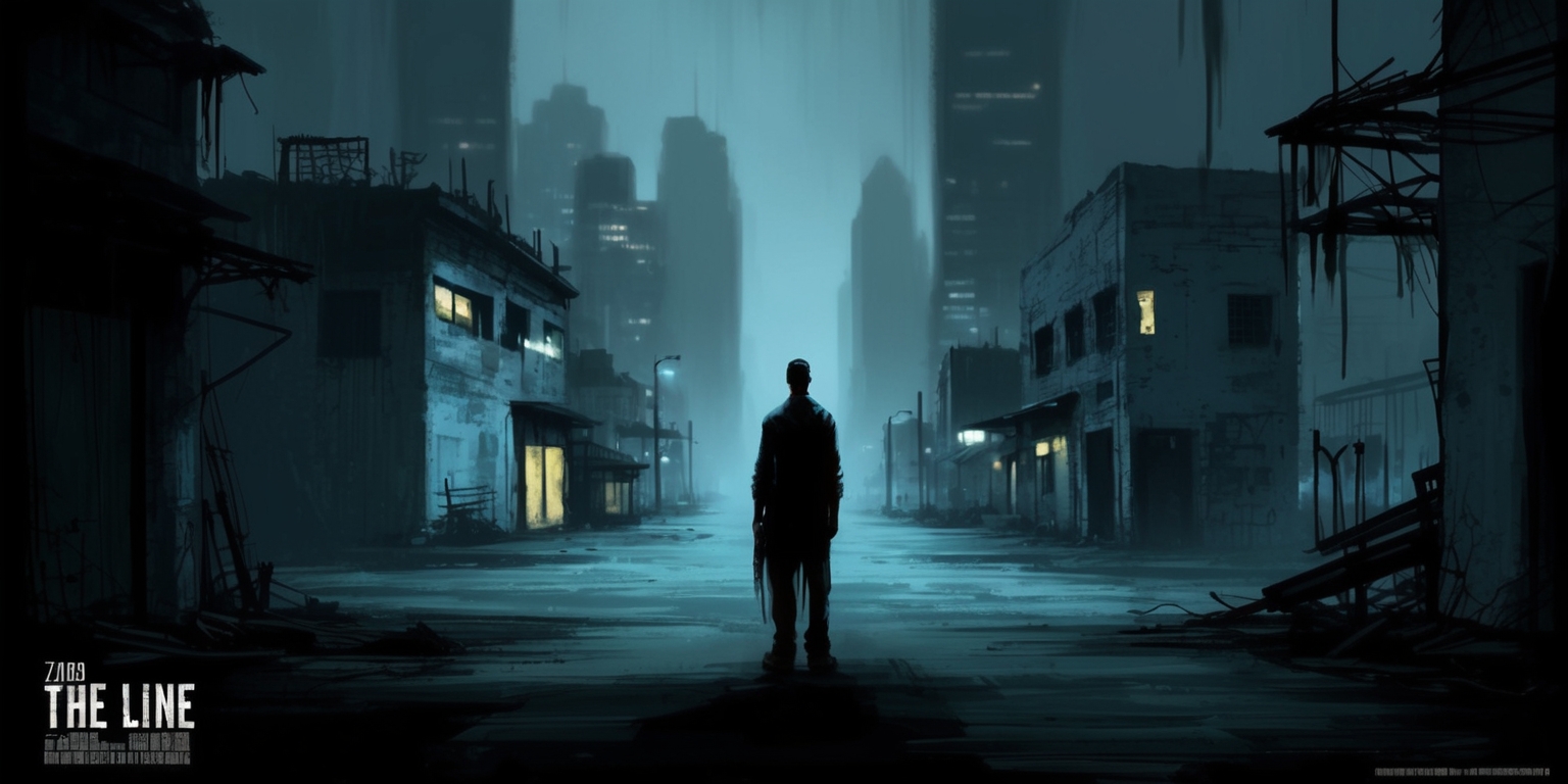 A hauntingly atmospheric illustration inspired by the 2009 psychological thriller The Line movie, depicting a dimly lit, rundown, and isolated cityscape with a blurred focus, emphasizing the sense of unease and foreboding. In the foreground, a solitary figure, possibly the protagonist, stands motionless, shrouded in shadows, with an ambiguous expression, dressed in worn, dark attire. The color palette is dominated by muted tones of grey, blue, and black, evoking a sense of desolation and hopelessness. The cityscape's architecture is a mix of crumbling buildings, twisted metal, and flickering neon signs, casting an eerie glow. The atmosphere is heavy with tension, as if the entire scene is suspended in a state of perpetual dread. In the distance, the city's skyscrapers loom like sentinels, their peaks shrouded in a thick, impenetrable fog, adding to the sense of claustrophobia and desperation.