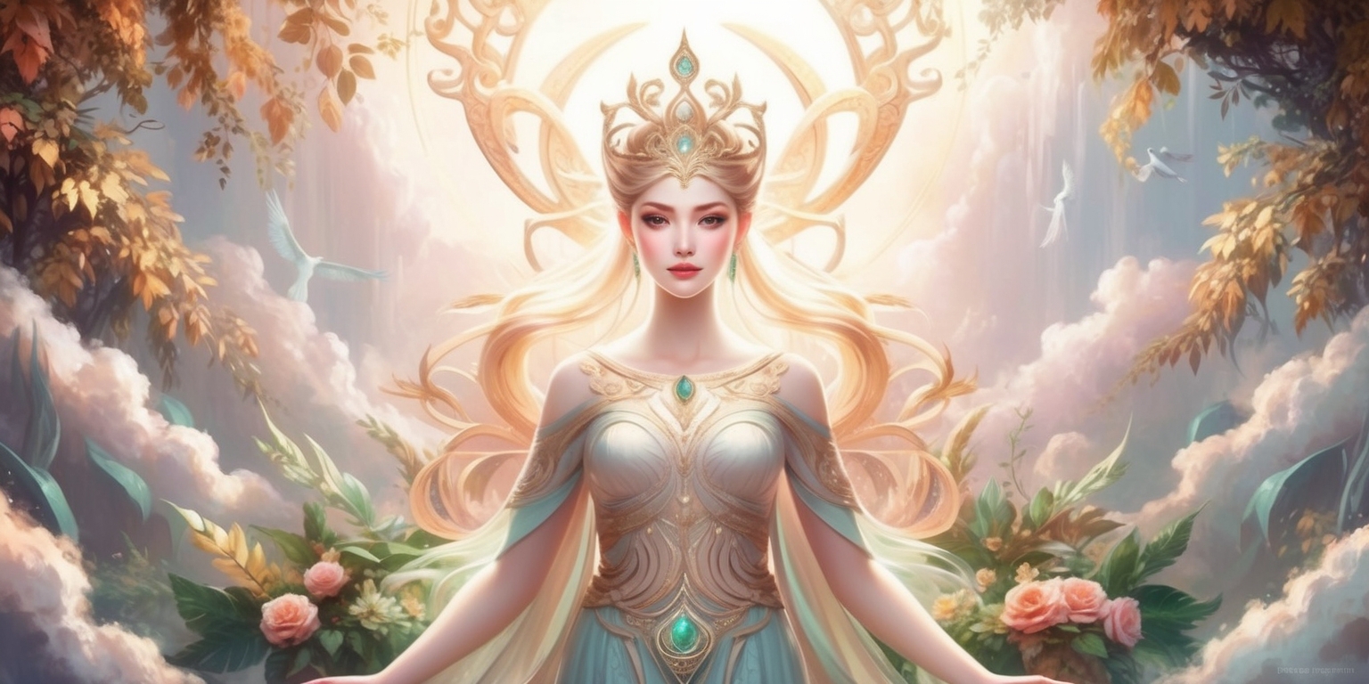 A majestic, ethereal goddess stands at the center of a mystical realm, surrounded by lush, vibrant foliage and wispy clouds, evoking an otherworldly atmosphere in a digital painting-style artwork inspired by concept art from the Goddess Era game, with intricate details and textures reminiscent of ancient mythology, a warm color palette featuring shades of gold, rose, and mint, and soft, dreamy lighting that casts a gentle glow on the goddess's porcelain skin, adorned with delicate, swirling patterns and a regal, gemstone-encrusted crown, her eyes gleaming with an inner wisdom and her lips curved into a gentle, enigmatic smile.