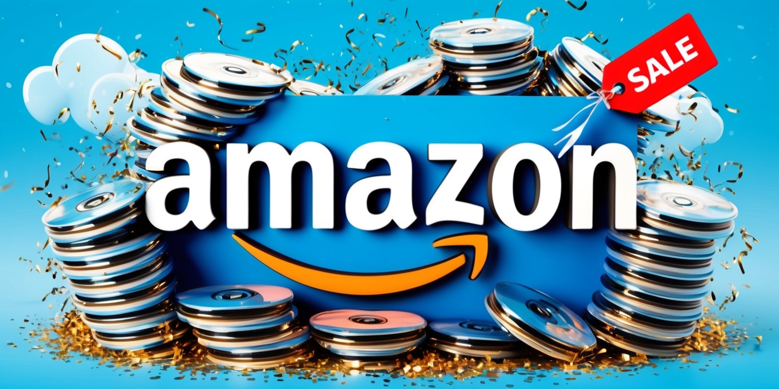 A vibrant and colorful digital illustration of a bustling online shopping scene, set against a bright blue background with subtle white clouds, showcasing a giant Amazon logo in the center, rendered in a modern 3D style with bold white and orange typography, surrounded by a collection of 4K Blu-ray discs with reflective surfaces, stacked haphazardly in a spiral pattern, with a few discs tumbling out, as if spilling over, and a red Sale tag attached to the top disc, featuring a bold, sans-serif font in white, with a prominent arrow pointing downwards, indicating discounts and savings, amidst a flurry of golden confetti and stars, adding a sense of excitement and celebration.